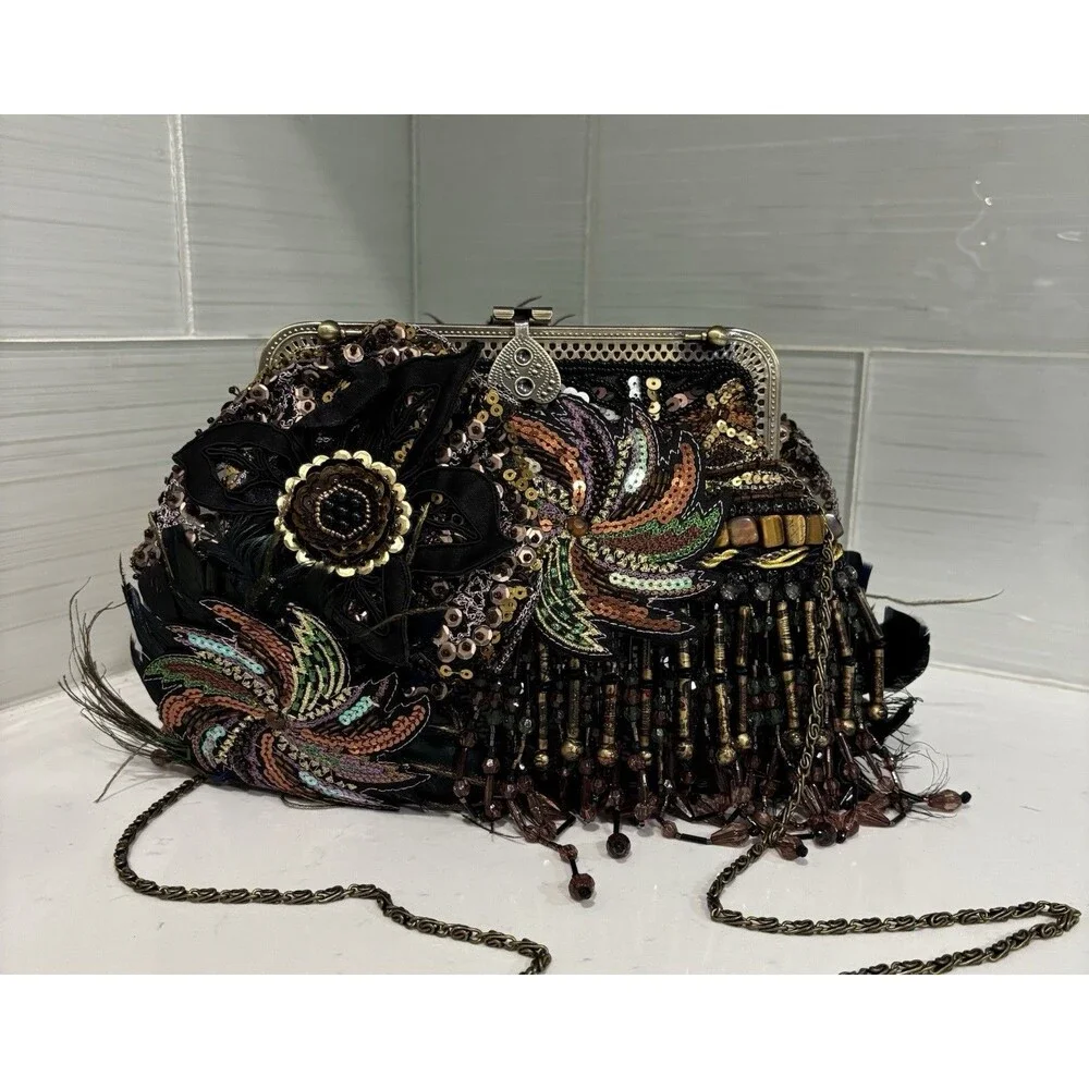 Chico's Vintage Beaded Peacock Feather Clutch Bag Sequin Fringe Y2KGlam BohoChic